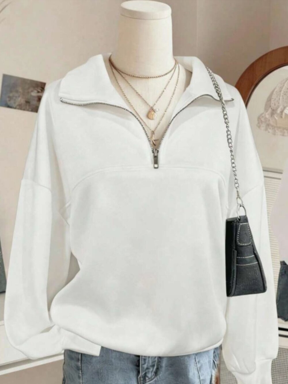Anrabess half zip cropped white sweatshirt size L
